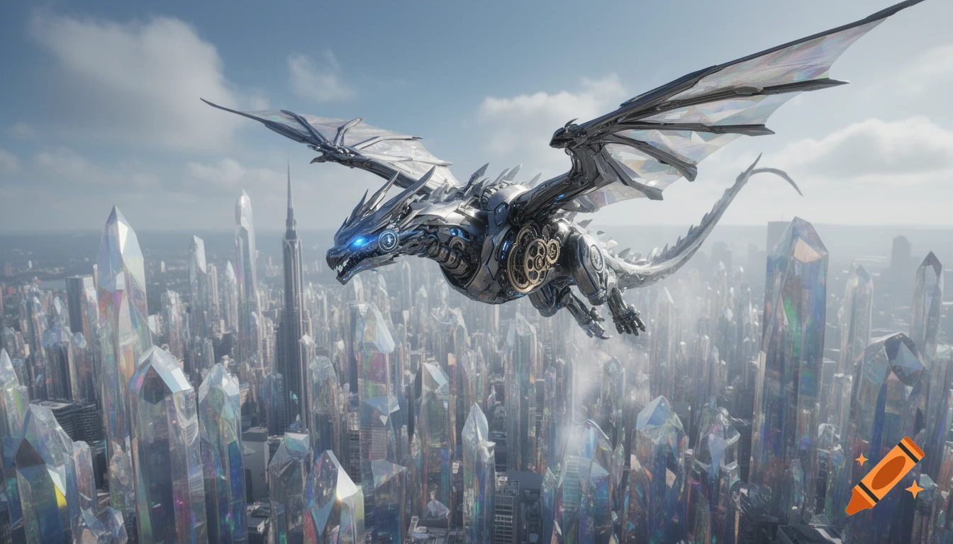 A majestic silver mechanical dragon with glowing blue eyes soars over a futuristic city built from shimmering crystal skyscrapers.