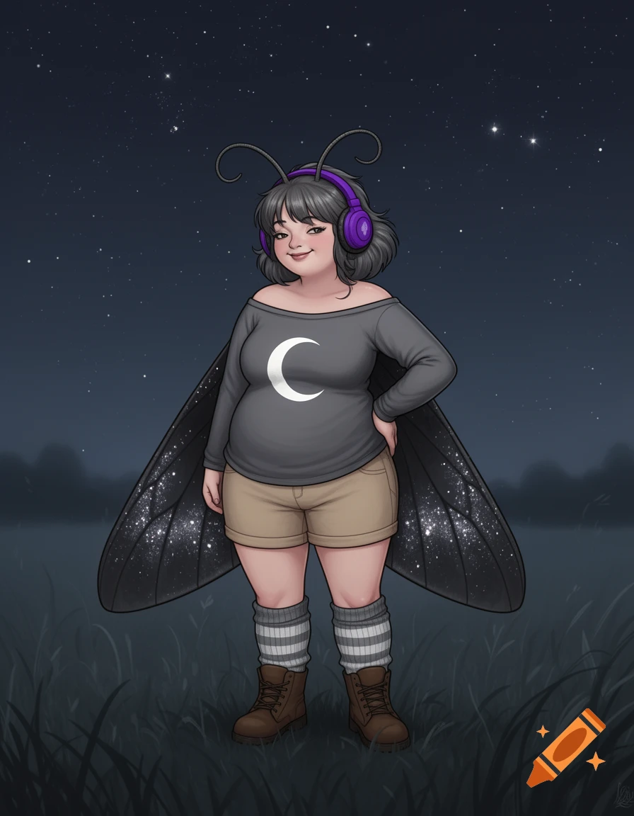 Cartoon moth character with headphones and sparkly wings, standing in a field at night.
