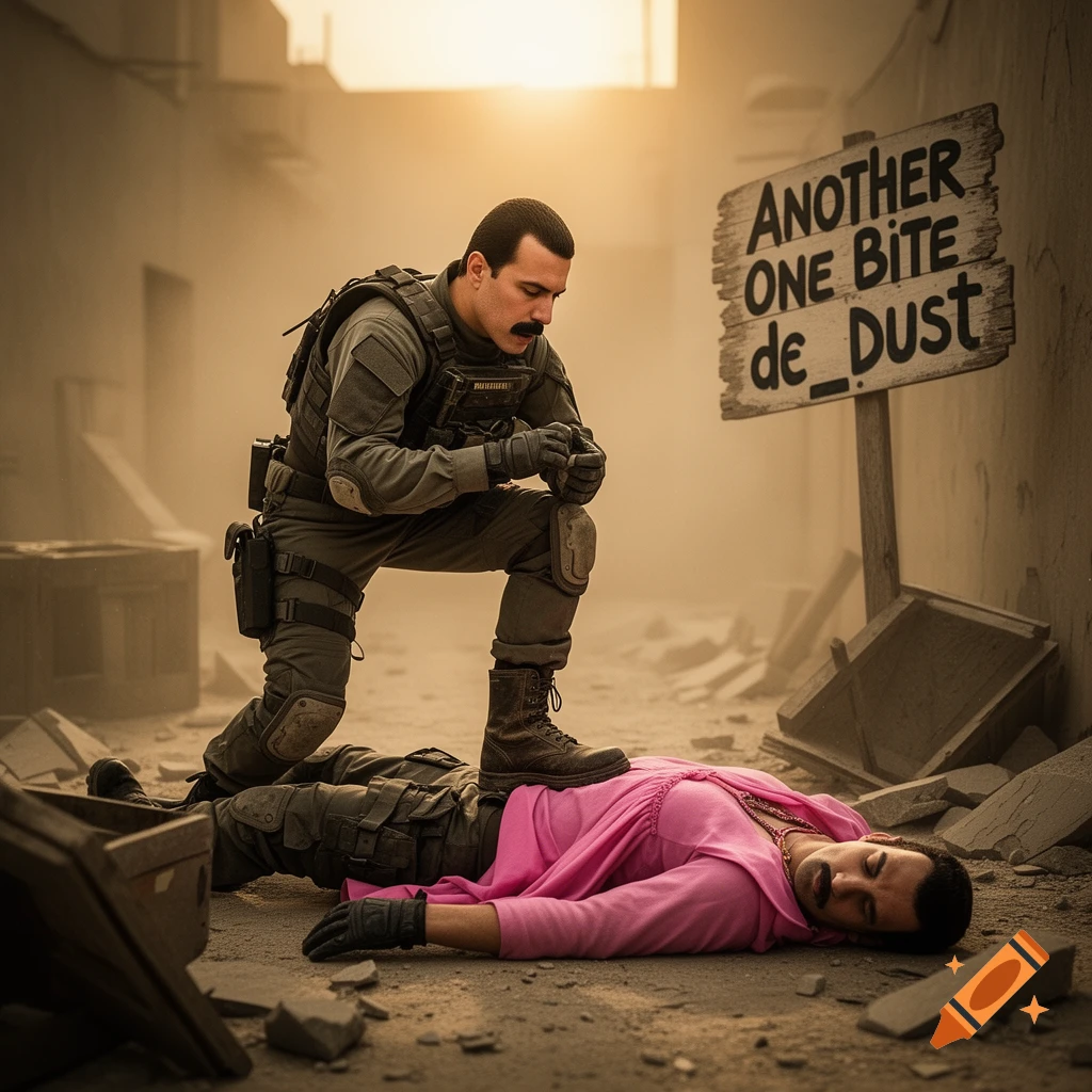 Man in military gear kneeling on a man in a pink dress in a dusty, ruined street. A sign reads 'ANOTHER ONE BITE de_DUST'.
