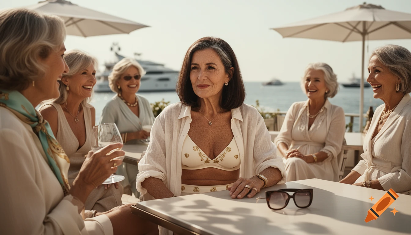 Photorealistic image of elegant older women at a luxurious seaside lounge bar with yachts in the background.