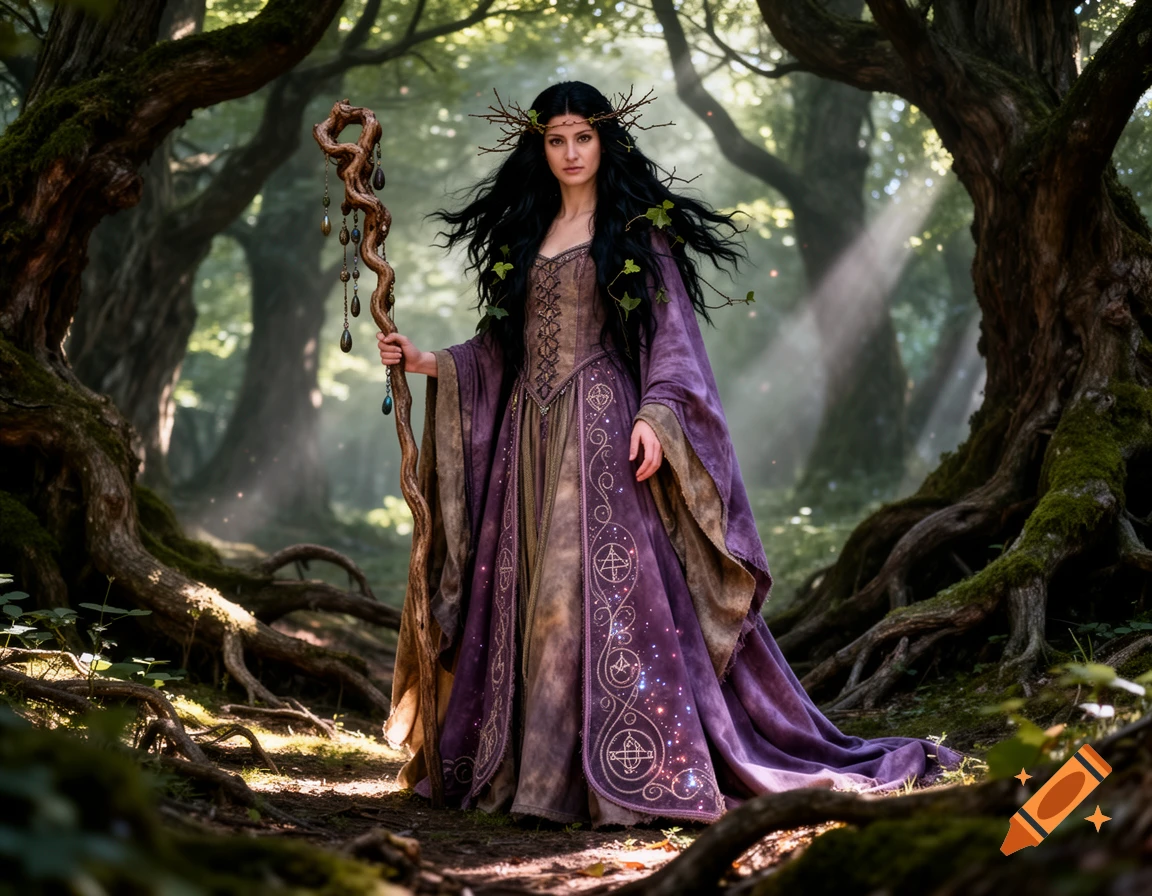 A dark-haired sorceress in a purple and brown gown and branch crown holds a gnarled staff in a mystical, sunlit forest.