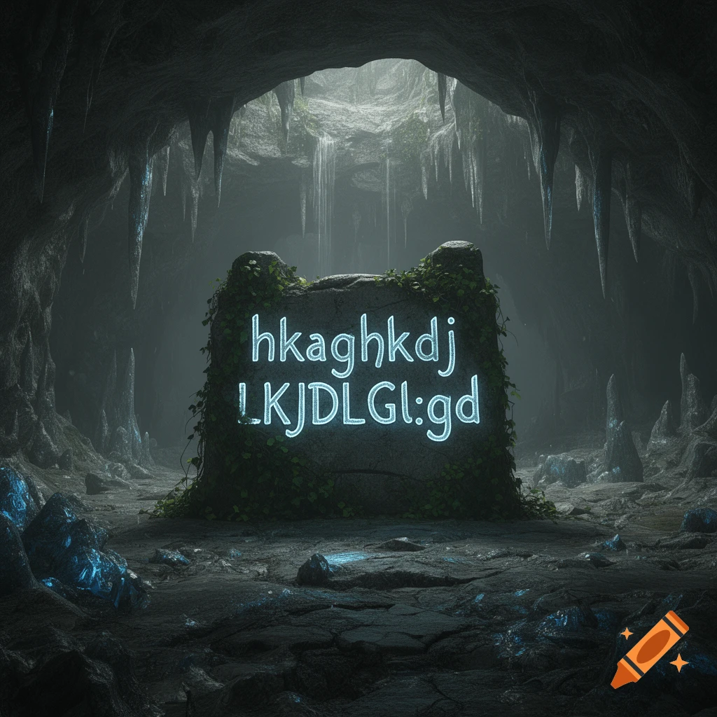A stone tablet covered in glowing blue text and ivy sits in a dark, atmospheric cave with stalactites and glowing blue crystals.