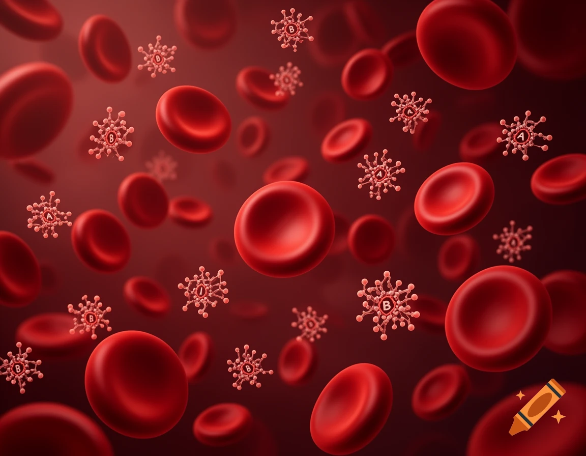 3D illustration of red blood cells floating with A and B blood group antigens on a red background.