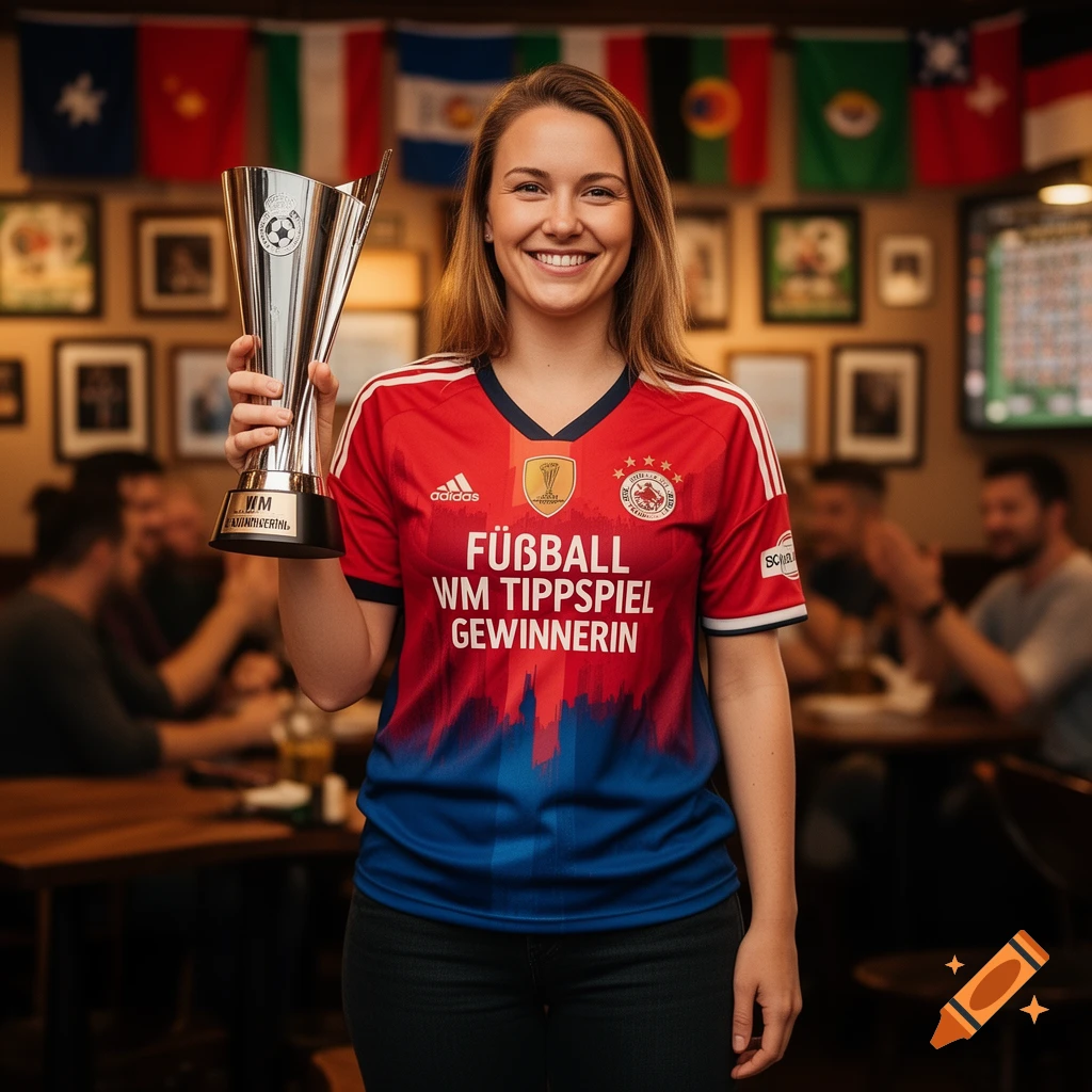 A smiling woman in a red and blue football jersey holds a silver trophy in a pub with flags hanging in the background, with people blurred in the background.