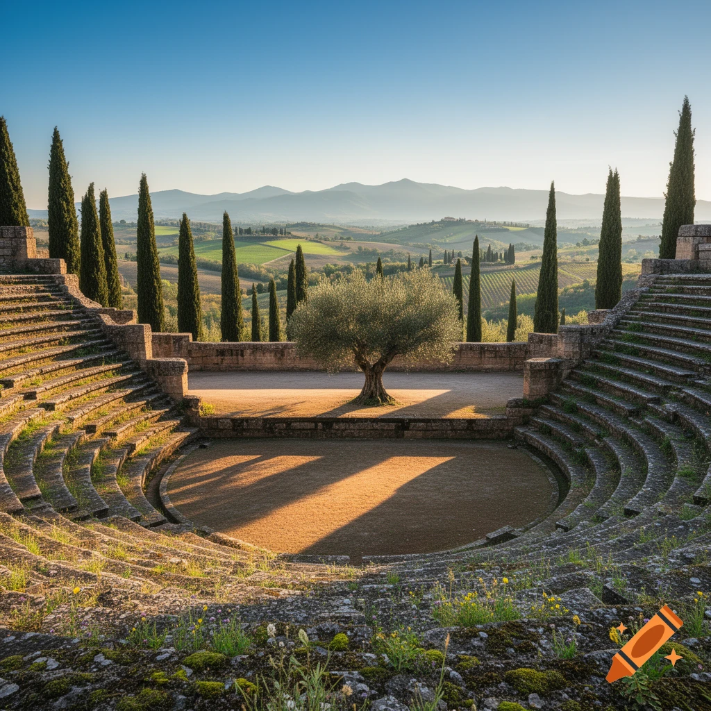An ancient stone amphitheater with an olive tree in the center, surrounded by tall cypress trees and rolling green hills under a blue sky.