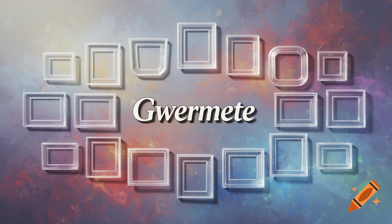 Collage of 18 transparent empty frames of various shapes and sizes arranged around the word "Gwermete" on a colorful abstract background.