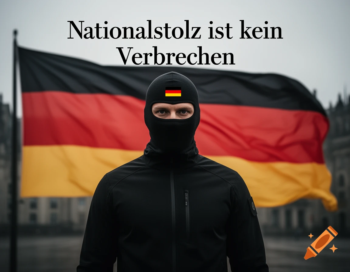 A person in a black balaclava with a German flag patch stands before a large German flag, with text 'Nationalstolz ist kein Verbrechen' (National pride is not a crime) above.