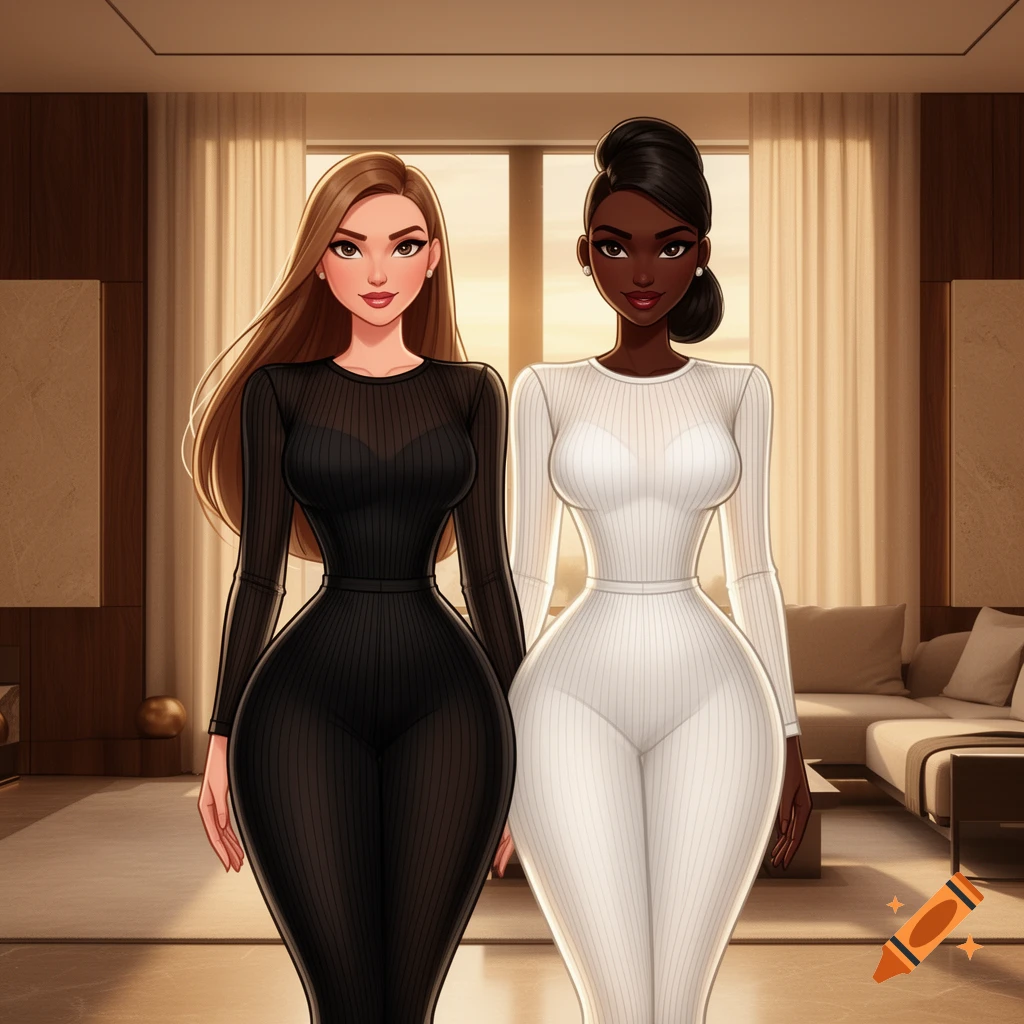 Two glamorous cartoon women, one in black and one in white ribbed outfits, stand in a luxurious living room.