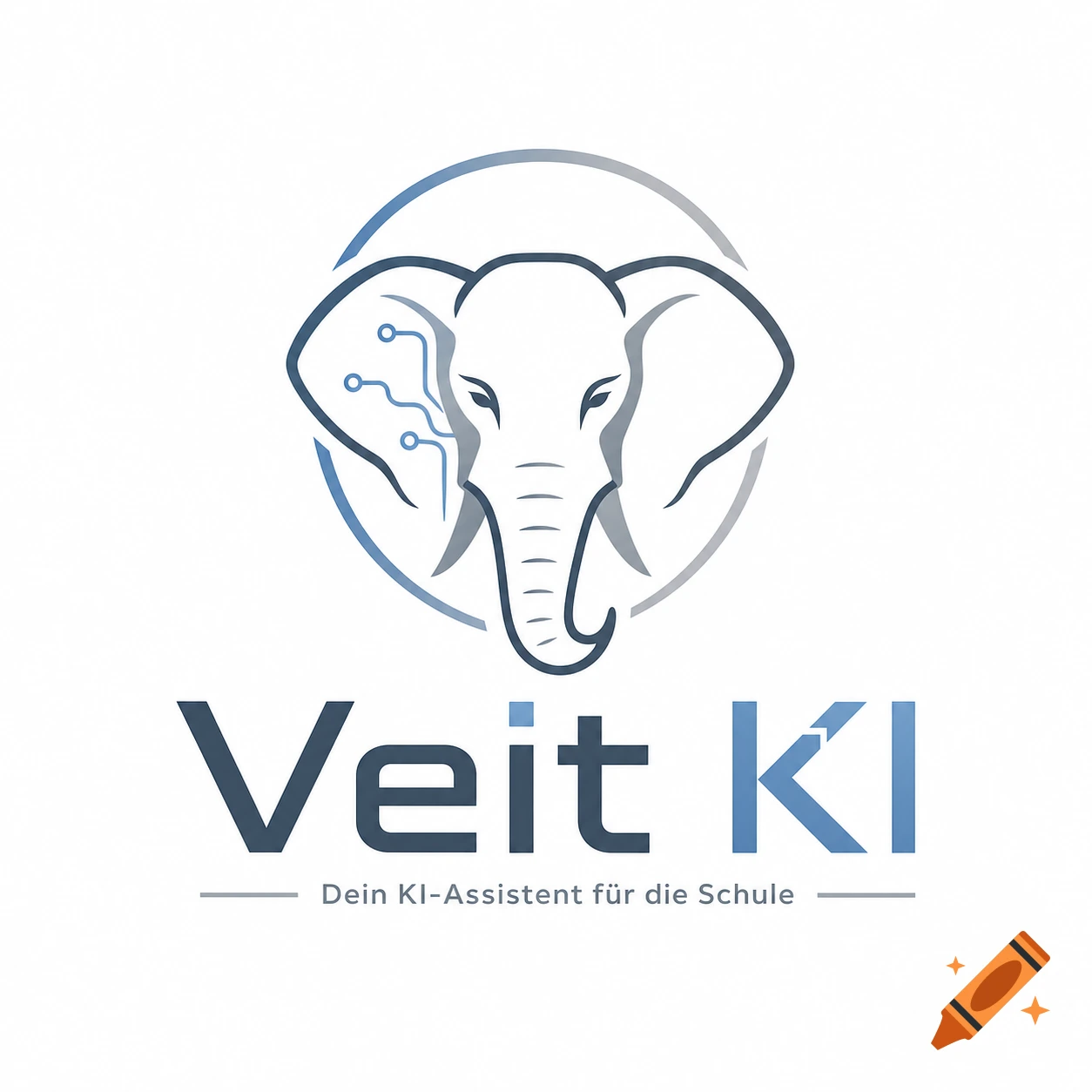 A blue and grey logo of a stylized elephant head with circuit patterns, above text 'Veit KI Dein KI-Assistent für die Schule'.