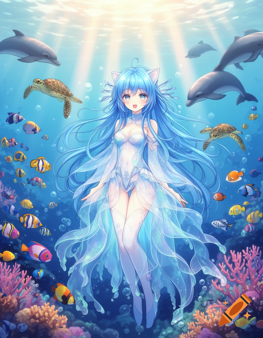 Anime girl in a translucent jellyfish dress with blue hair underwater, surrounded by dolphins, turtles, colorful fish, and coral reefs.