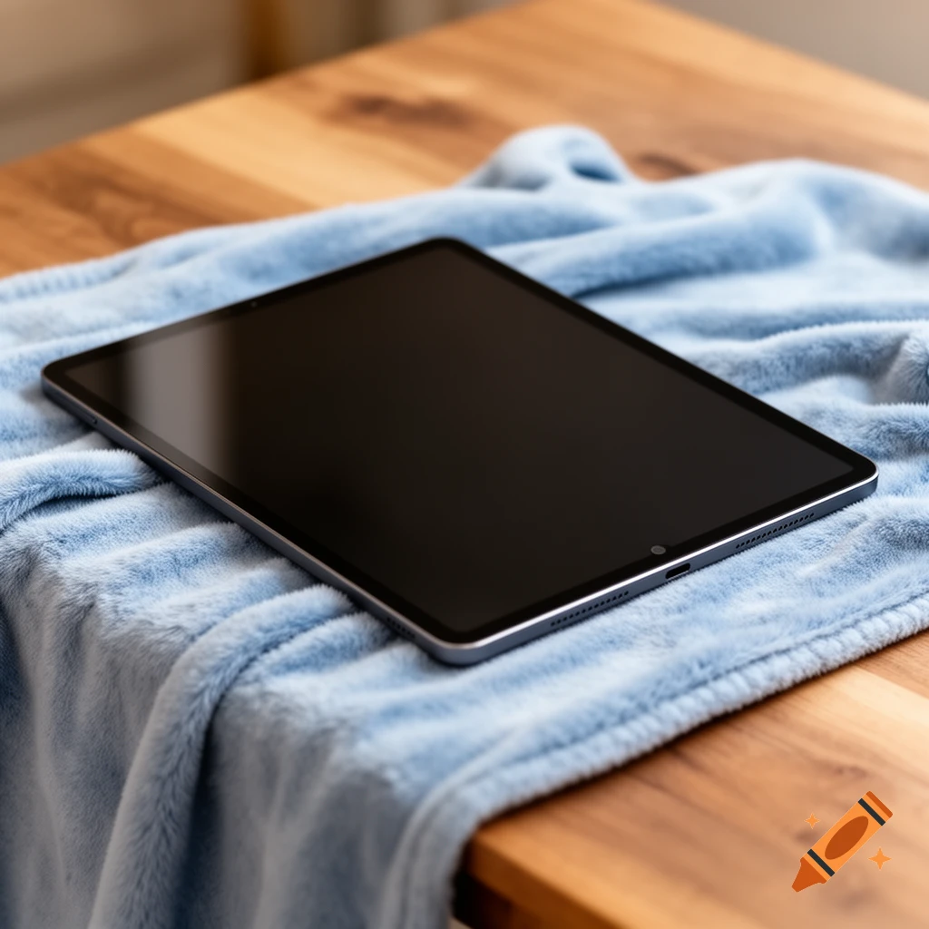 A silver tablet with a black screen rests on a light blue fuzzy blanket on a wooden table.