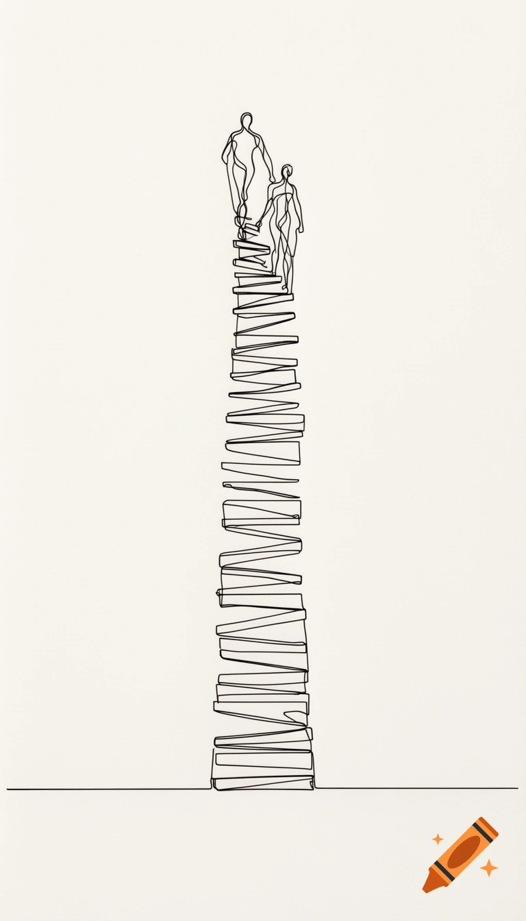 Minimalist black line drawing of two abstract human figures climbing a tall, narrow stack of steps on an off-white background.