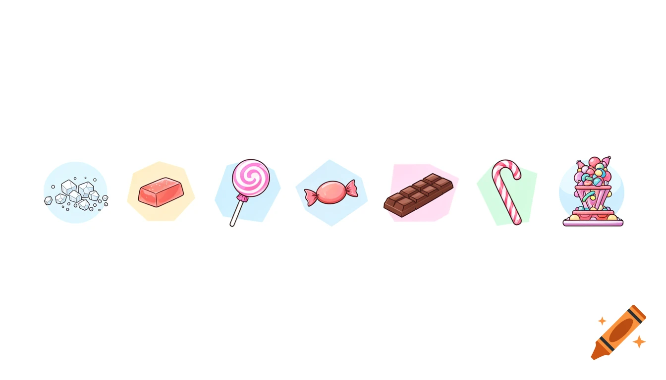 Seven colorful cartoon icons of sweets and ingredients, including ice cubes, a jelly candy, a lollipop, a wrapped candy, a chocolate bar, a candy cane, and a dessert cup with colorful candies.