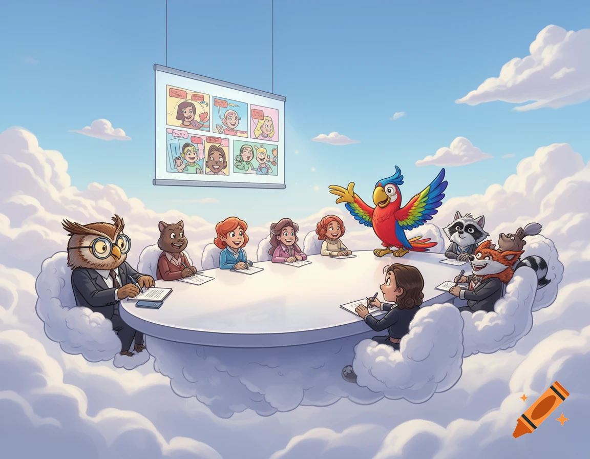 A cartoon owl, cat, parrot, raccoon, fox, and human characters are having a board meeting on a cloud in the sky, with a video call projected.