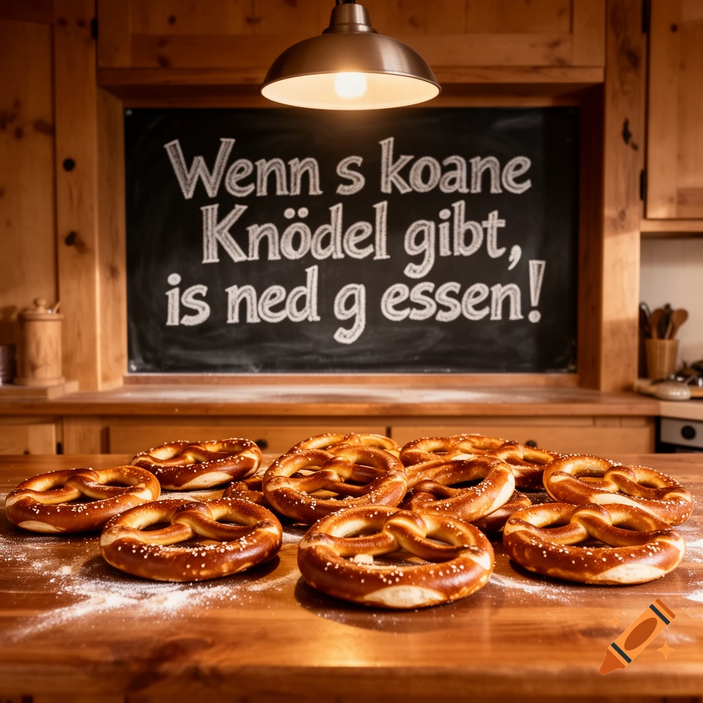 A close-up shot of fresh pretzels sprinkled with salt and flour on a wooden table. In the background, a chalkboard with text in a rustic kitchen.