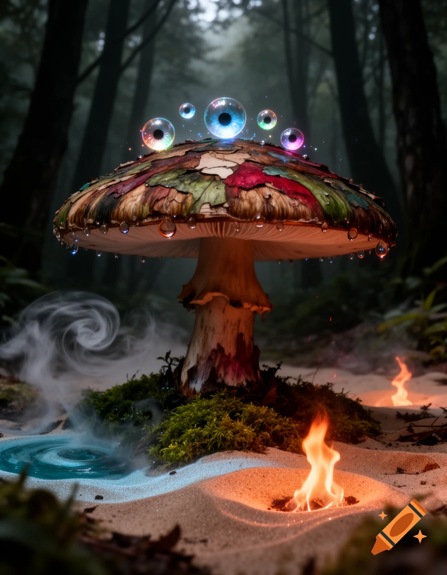 A vibrant, surreal mushroom in a dark forest, topped with glowing eyes, surrounded by fire, swirling water, and smoke.