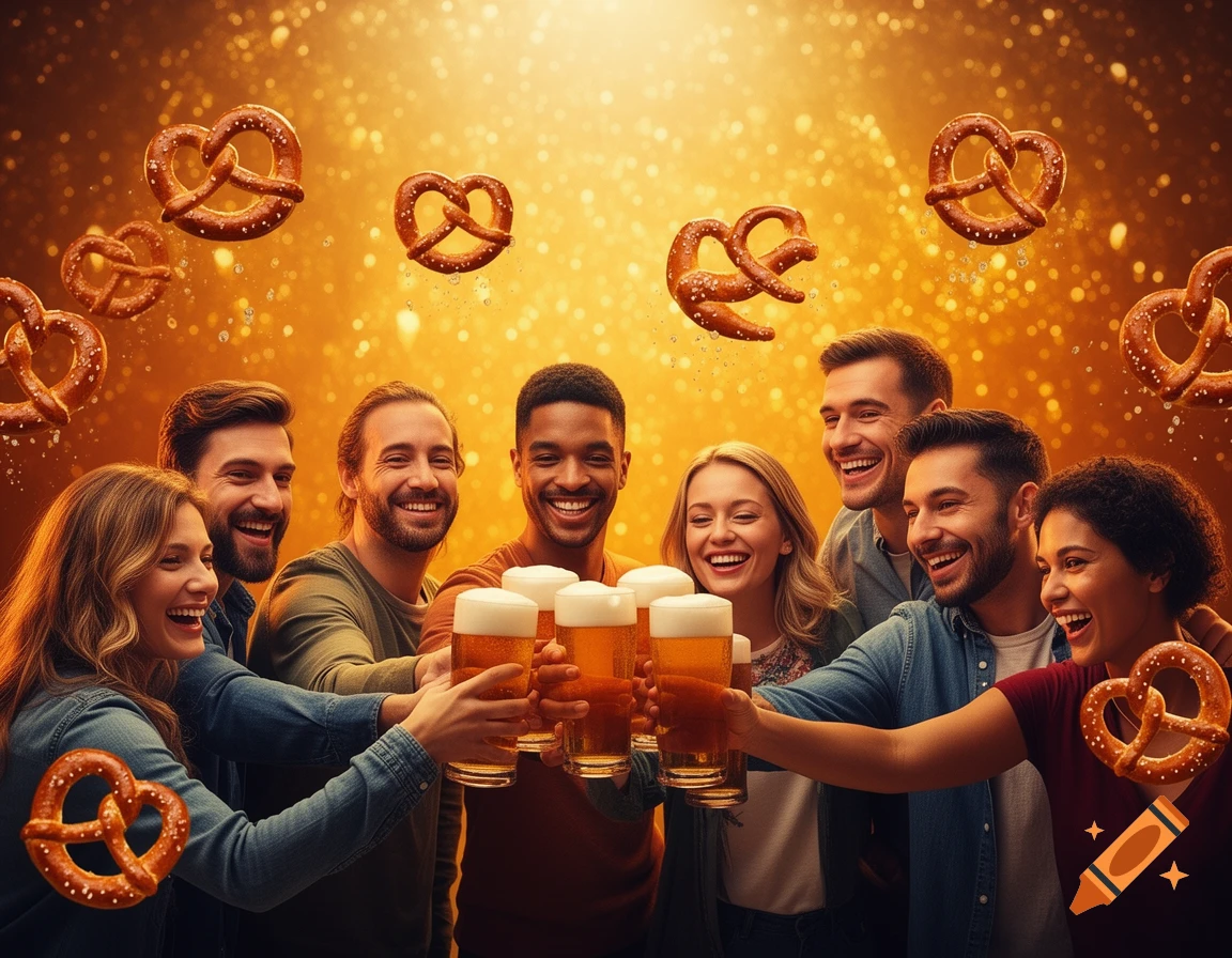 Happy friends toast with beer amid a festive golden glow and floating pretzels in a photorealistic style.