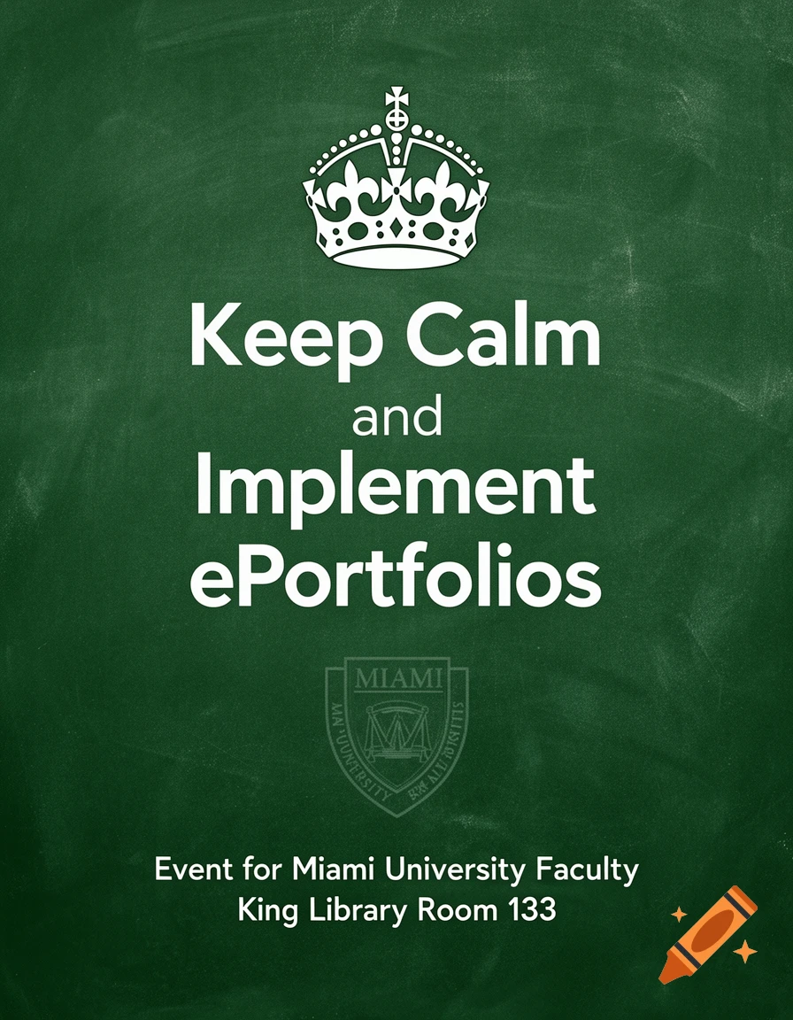 Green chalkboard-style poster with a white crown, reading 'Keep Calm and Implement ePortfolios' for a Miami University event.