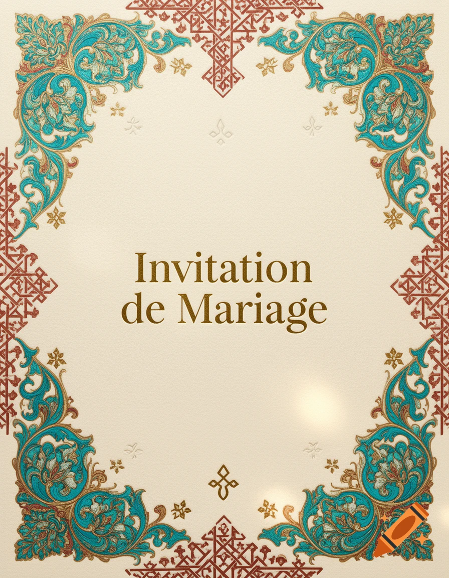 A wedding invitation with ornate gold, teal, and red Persian and Kabyle-inspired borders on a light beige background. Text reads 'Invitation de Mariage'.