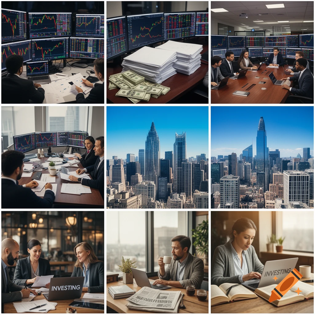 Collage of nine panels depicting business and finance scenes including people working with stock charts, meetings, money, and city skylines.