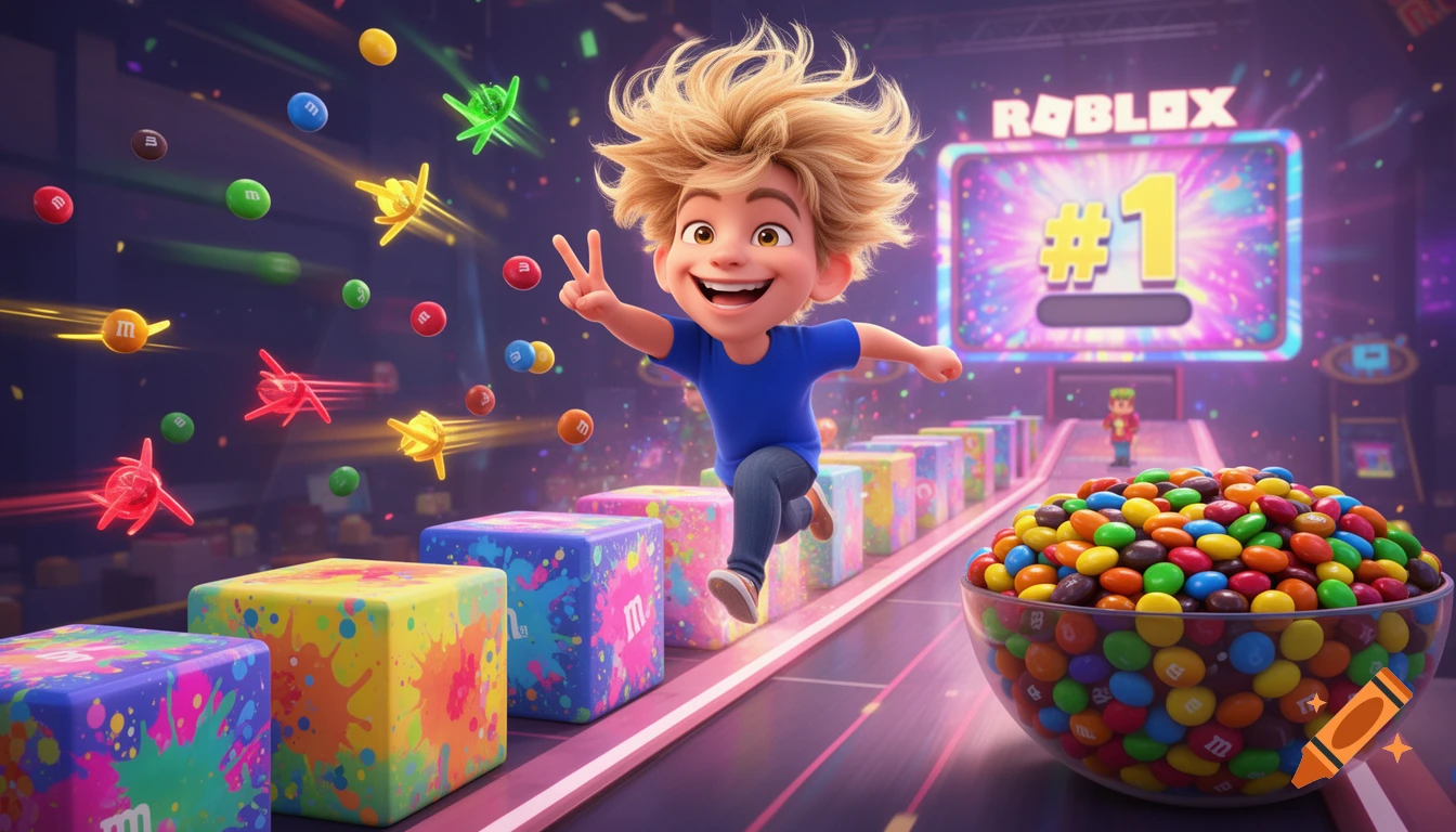 A cheerful cartoon boy leaps across colorful blocks on a Roblox-style obstacle course, surrounded by flying M&Ms, with a #1 leaderboard and a giant bowl of M&Ms at the finish line.