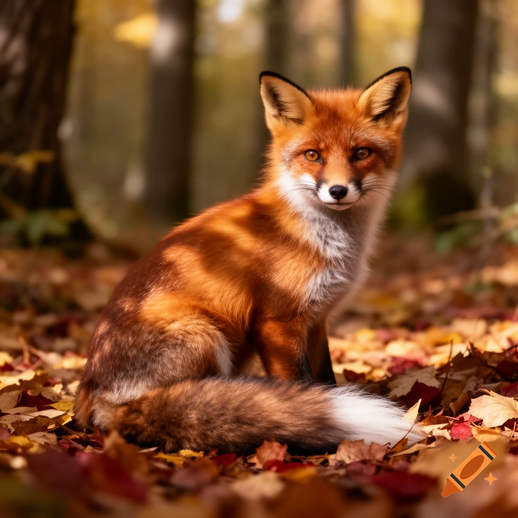 A photorealistic red fox with white and black markings sits among fallen autumn leaves in a sunlit forest.