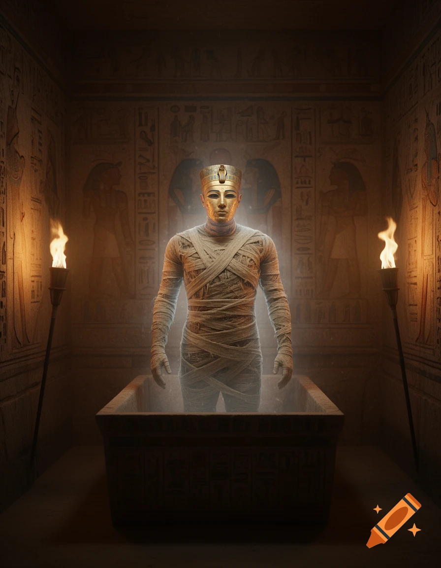 A ghostly Egyptian mummy with a golden mask and crown stands in a dimly lit tomb adorned with hieroglyphs, flanked by torches.