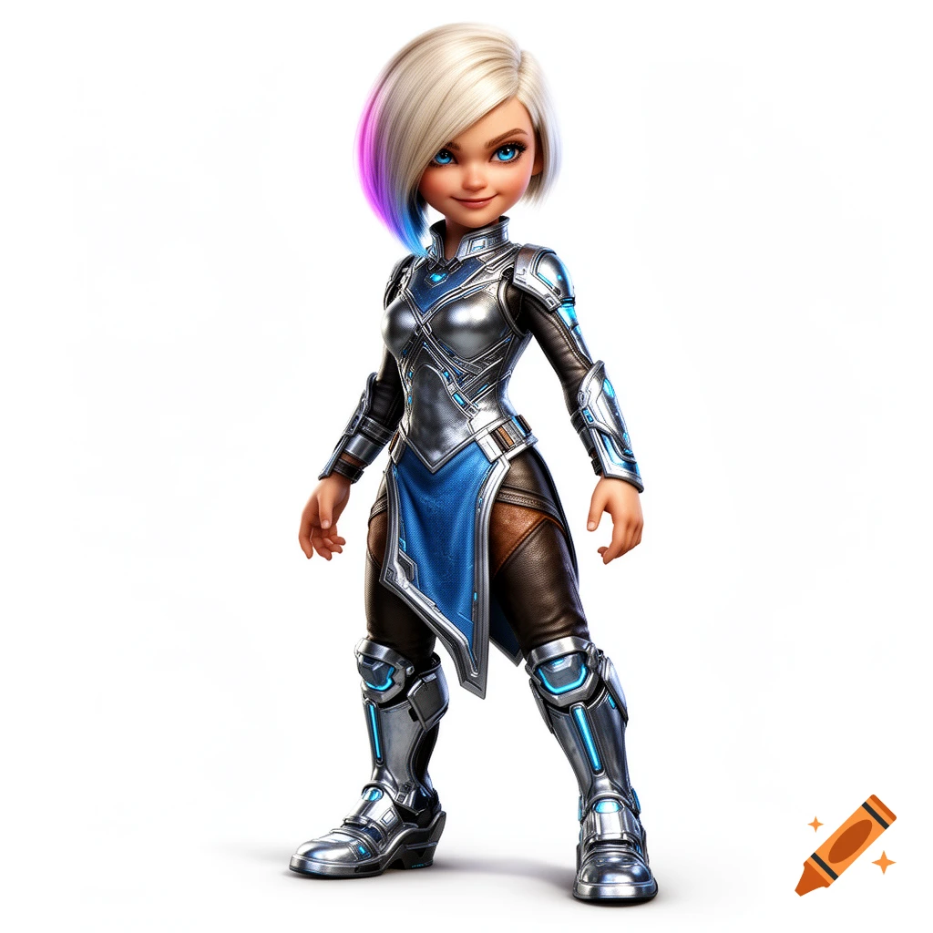 A stylized, fashionable dwarven girl from Starfinder with blonde hair and purple streaks, wearing intricate silver and blue futuristic armor, standing against a white background.