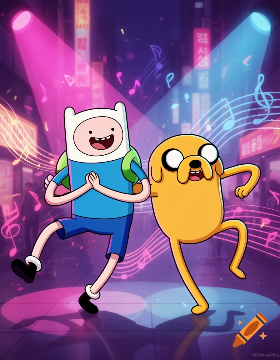 Finn and Jake from Adventure Time dance energetically on a neon-lit street with musical notes floating around them.