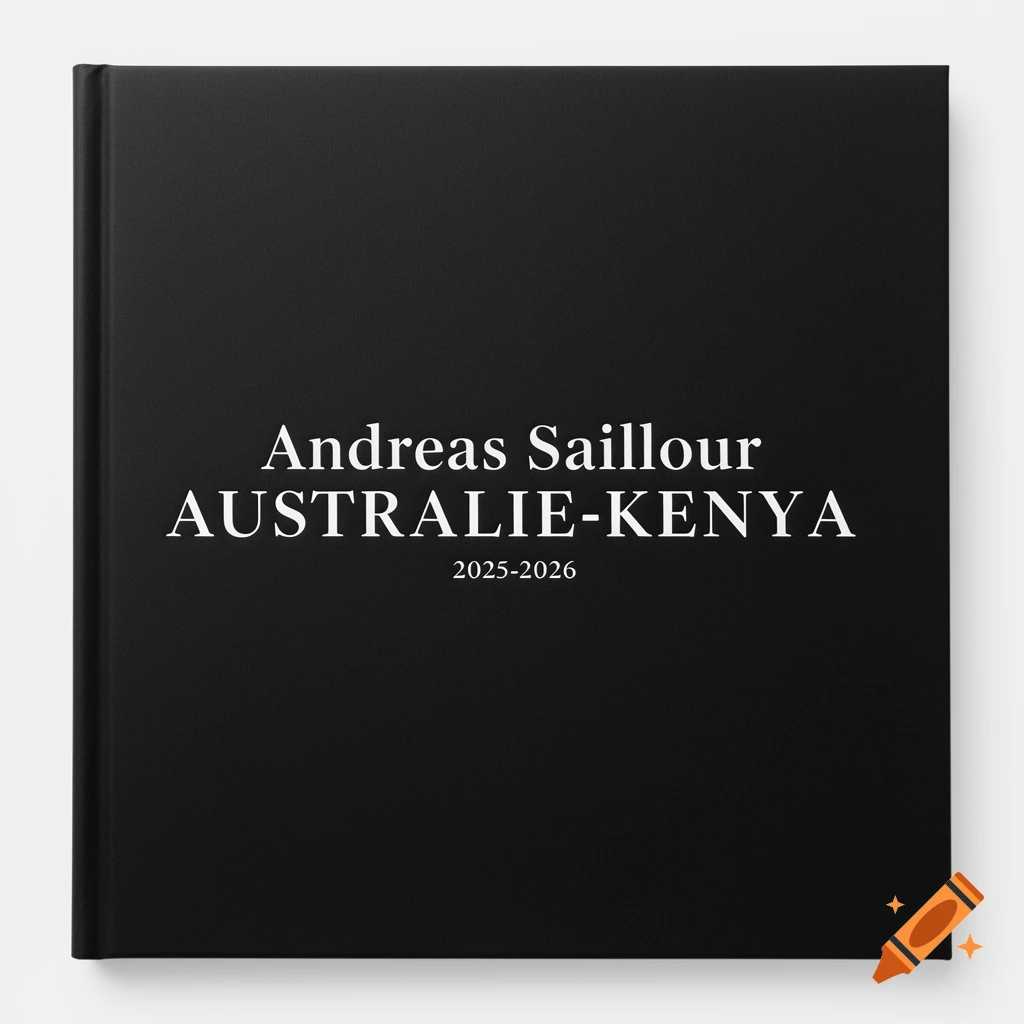 A minimalist black book cover with white text: 'Andreas Saillour', 'AUSTRALIE-KENYA', '2025-2026'.