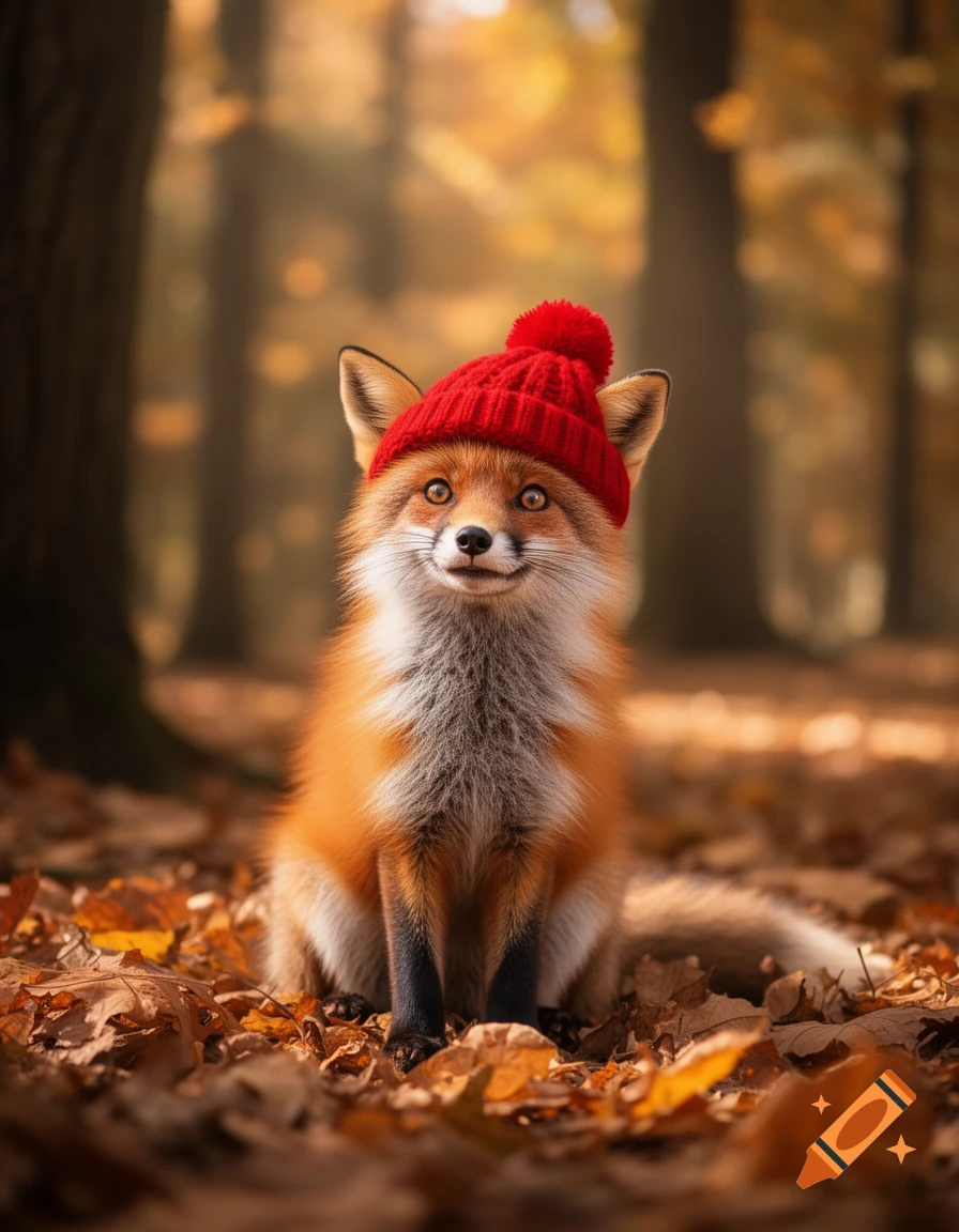 A cute red fox wearing a red knit hat sits in an autumn forest, surrounded by fallen leaves.