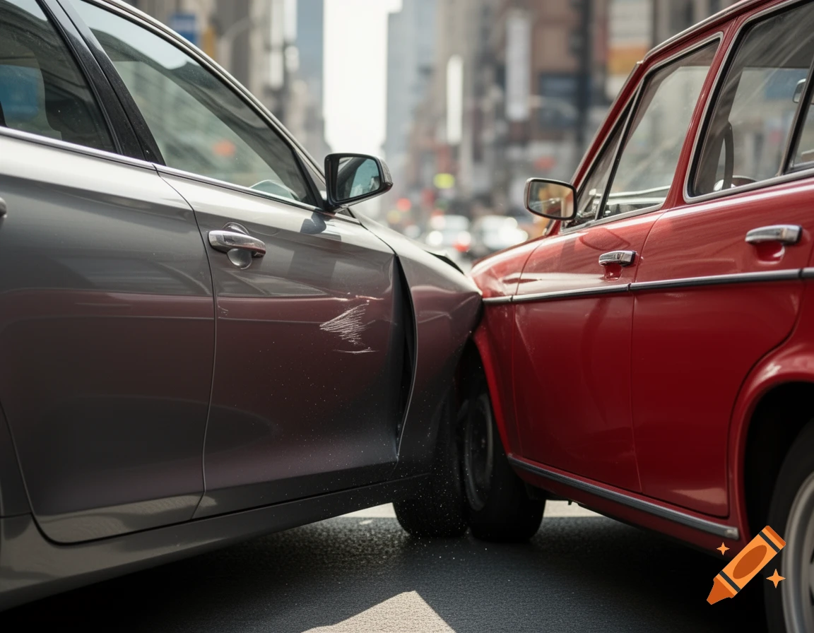 Two cars, one grey and one red, damaged from a collision on a city street, photorealistic style.