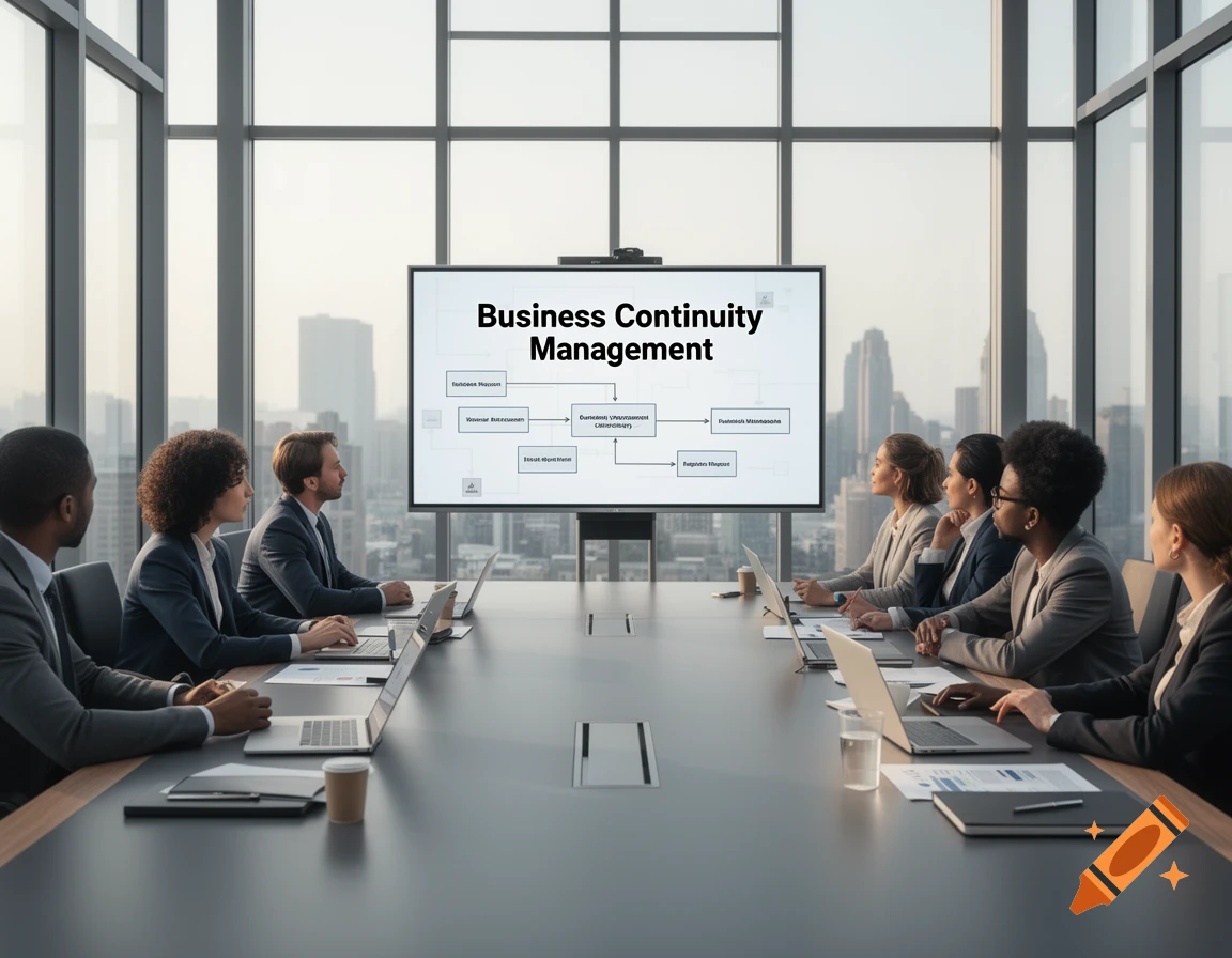 A diverse group of professionals sits around a conference table in a modern office, looking at a large screen displaying "Business Continuity Management".