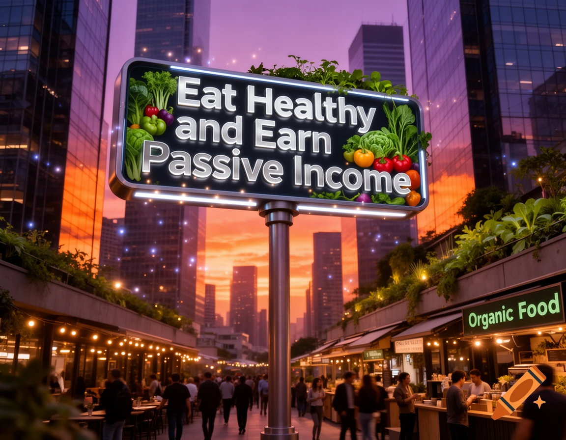 Vibrant city street at sunset with a large billboard displaying 'Eat Healthy and Earn Passive Income' above a busy market.