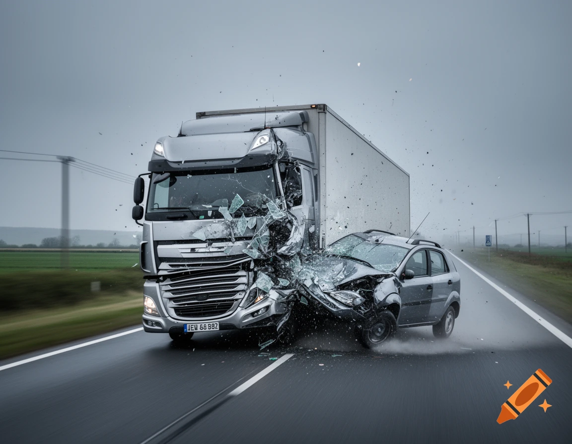 Photorealistic image of a grey semi-truck and a small grey car in a head-on collision, with shattered glass and debris.