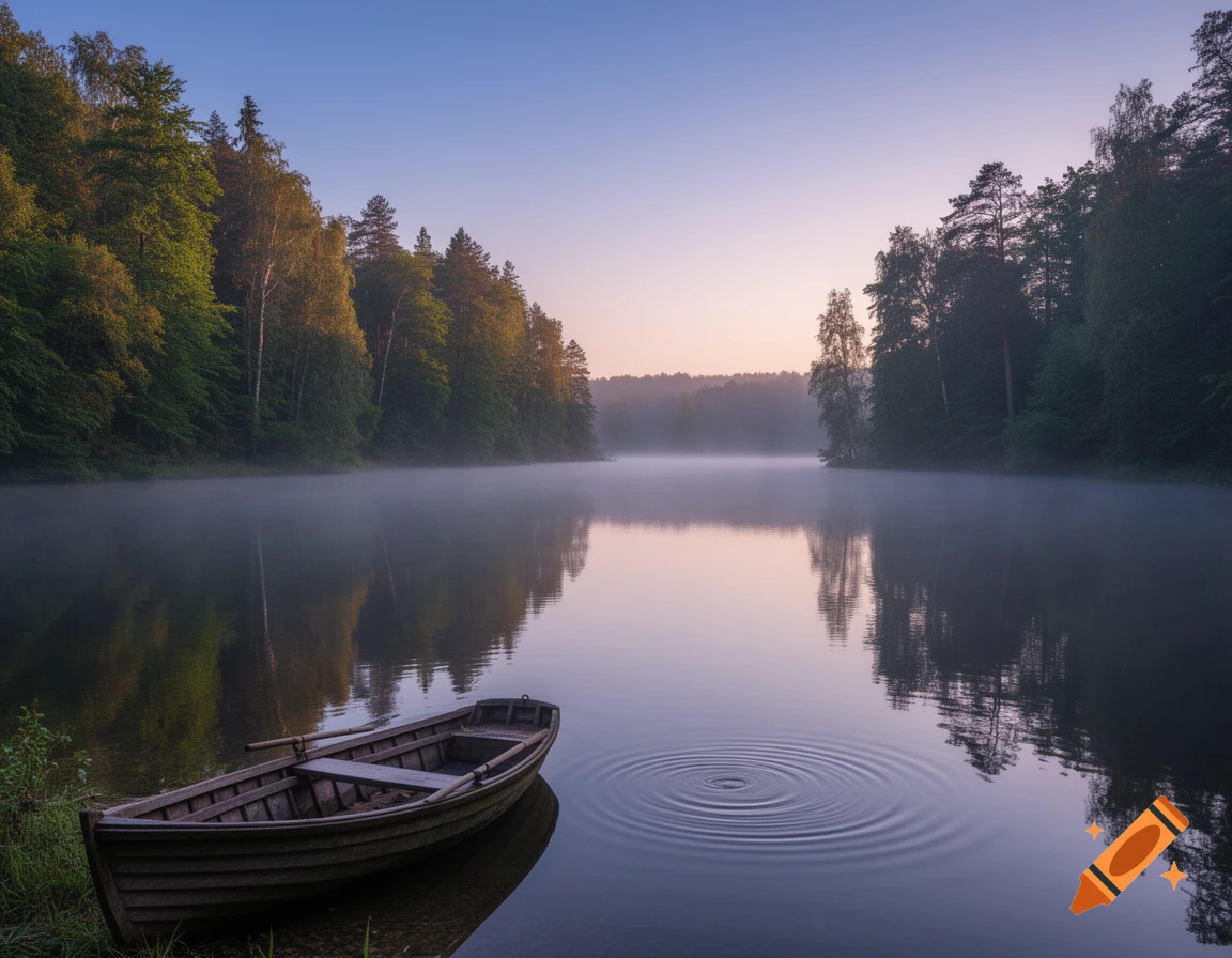 A serene misty lake at dawn or dusk, surrounded by a dense forest, with a wooden rowboat pulled ashore and subtle ripples on the water.