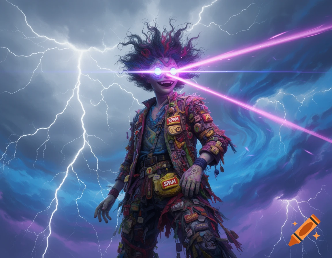 A stylized character, resembling Spamton G Spamton, with wild hair and a patchwork outfit labeled "SPAM", shoots purple lasers from glowing eyes amidst a stormy sky with lightning.