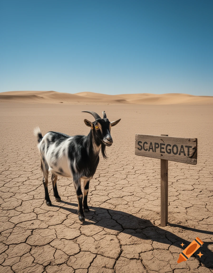 A black and white goat stands in a vast, cracked desert next to a sign reading "SCAPEGOAT" under a clear blue sky. Photorealistic.