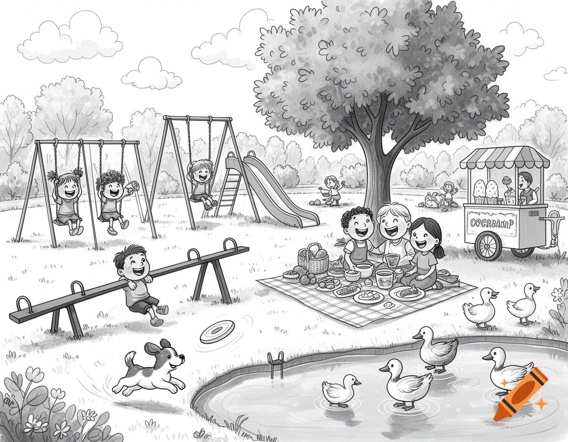 Black and white illustration of children playing in a park with swings, a slide, a seesaw, a picnic, and ducks in a pond.