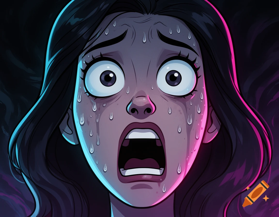 A close-up cartoon illustration of a terrified woman's face, wide-eyed and sweating profusely with neon lighting.