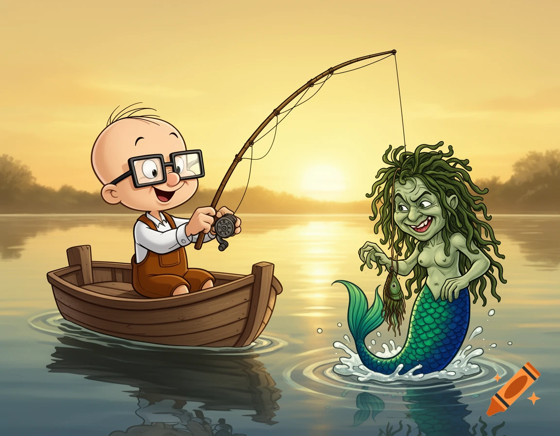 A bald cartoon man in a boat catches a green-haired, ugly mermaid holding a fish with his fishing pole at sunset.