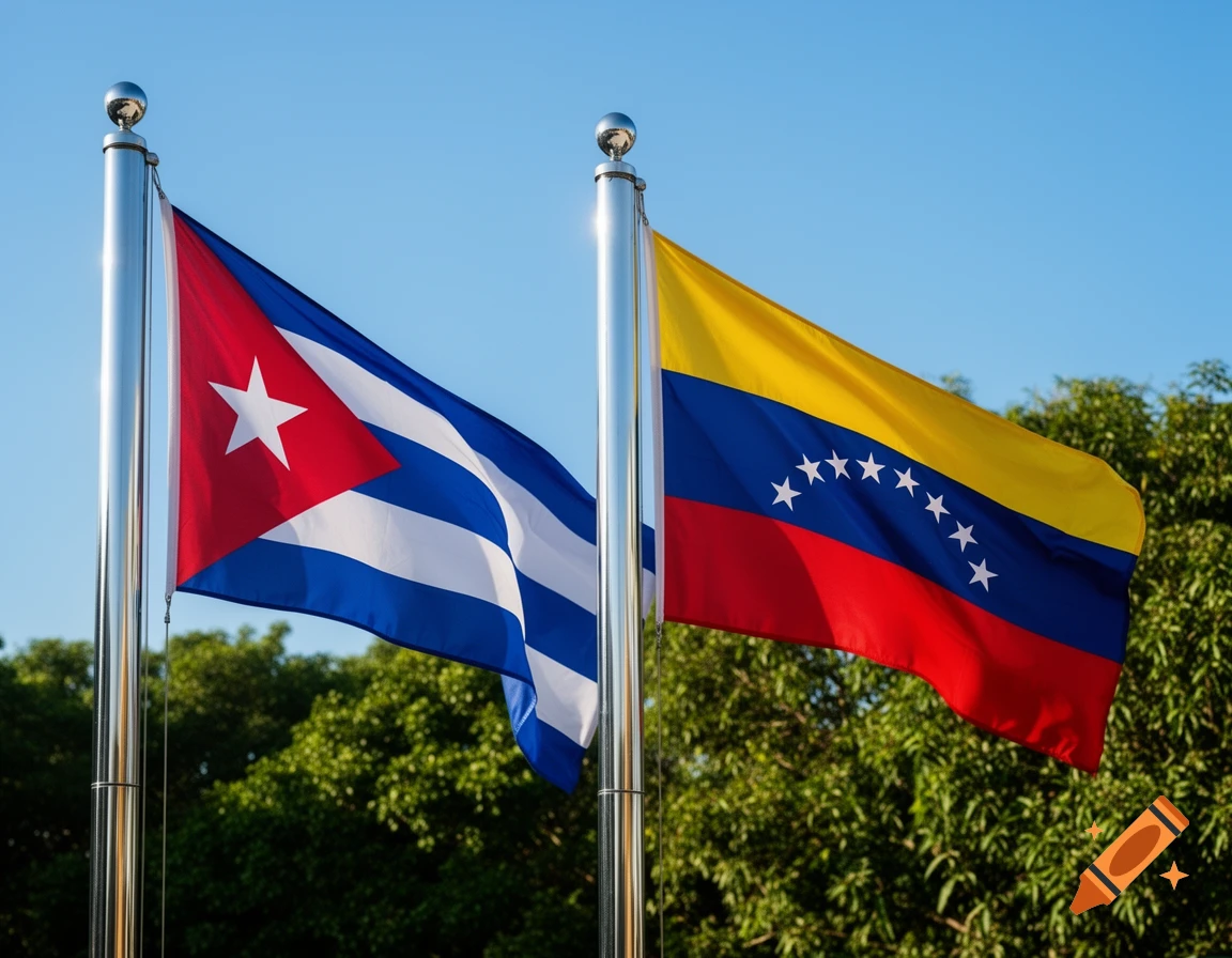The flags of Cuba and Venezuela wave side-by-side on flagpoles against a clear blue sky with green trees in the background.