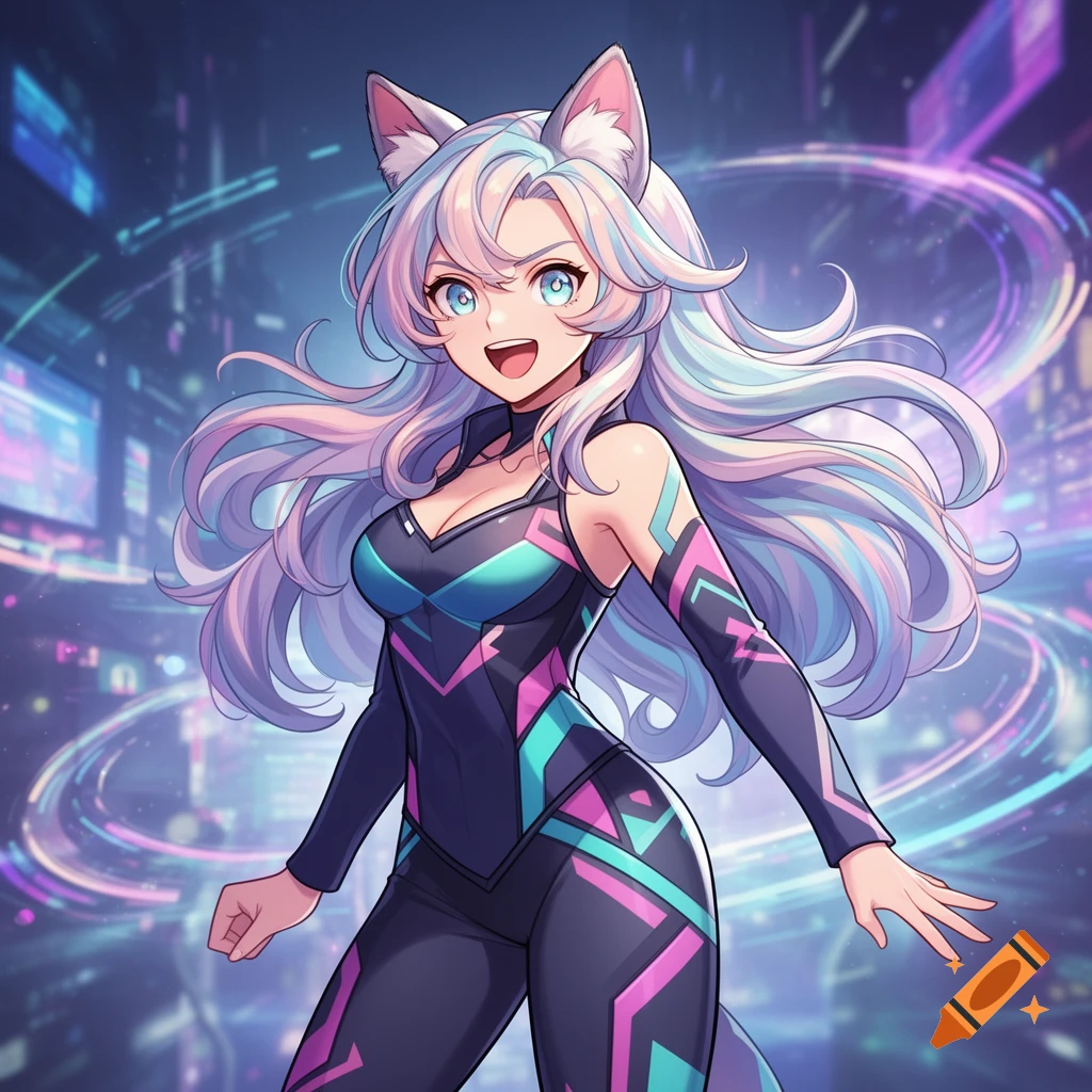 Anime girl with cat ears, pastel hair, and blue eyes, smiling in a black and neon suit against a glowing digital background.