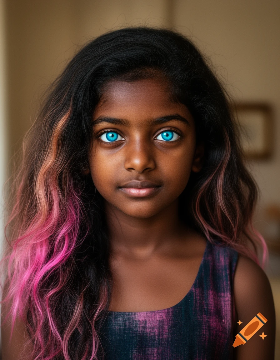 Close-up portrait of a dark-skinned girl with long black hair with pink highlights and striking bright blue eyes.