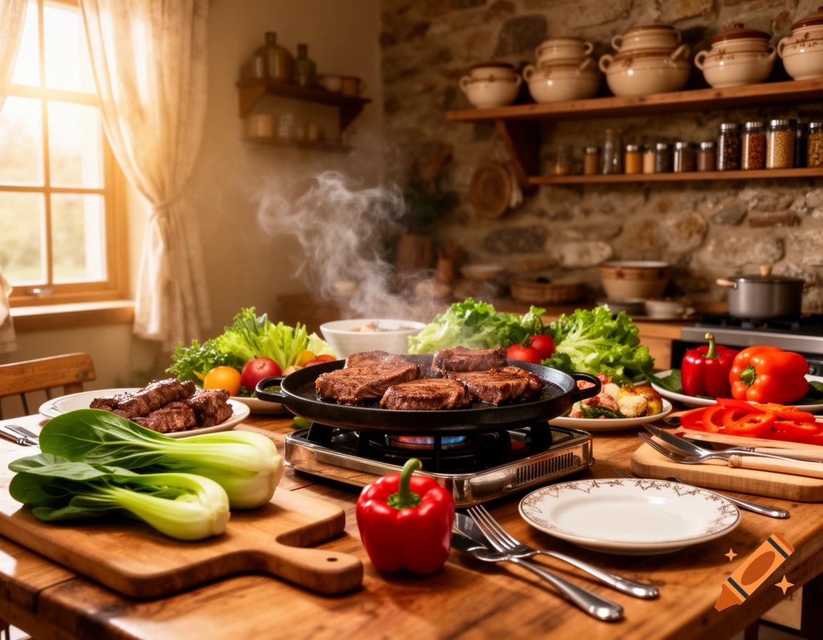 Sizzling steaks on a griddle with steam, surrounded by fresh vegetables on a rustic kitchen table in sunlight.