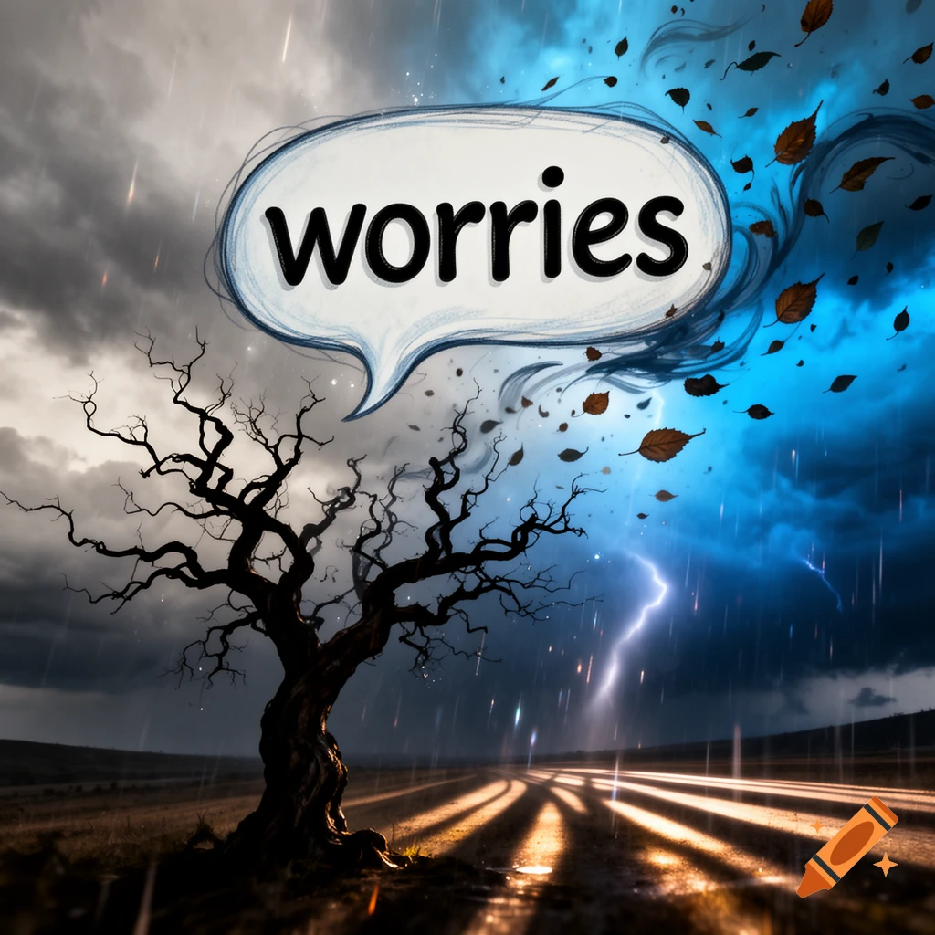A desolate, bare tree under a stormy sky with lightning, rain, and windswept leaves. A speech bubble above says "worries".
