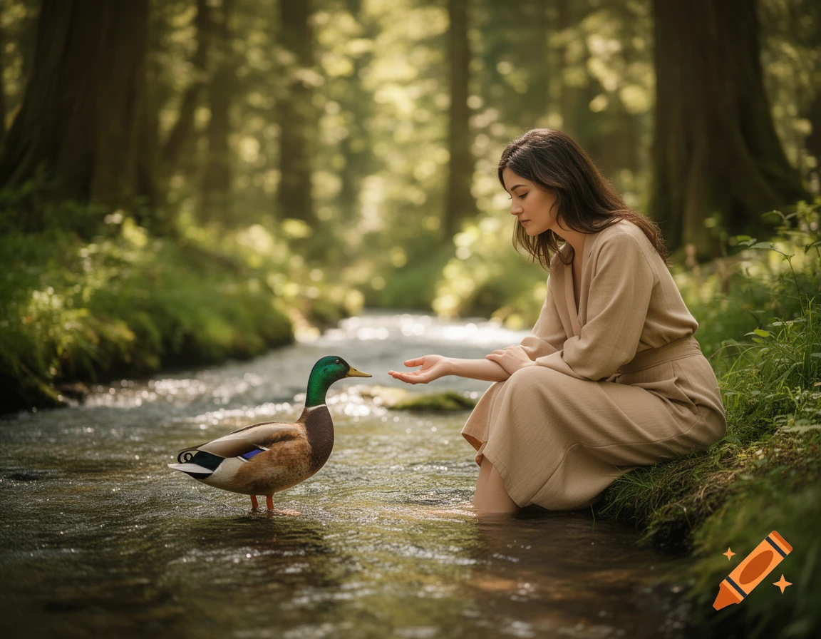 A woman sits by a sunlit forest stream, her feet in the water, offering her hand to a mallard duck.