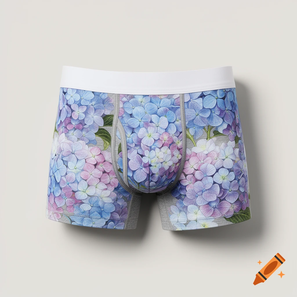 A pair of boxer briefs with a blue and pink hydrangea floral pattern on a light grey background.