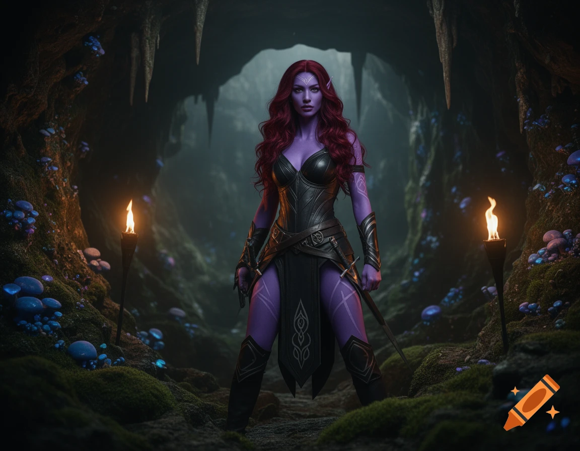 A red-haired, purple-skinned drow elf rogue stands in a torchlit cave with glowing blue mushrooms.