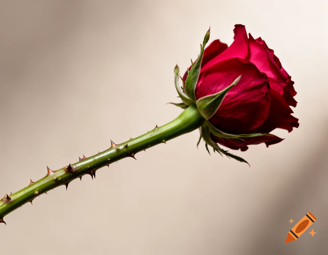 A vibrant red rose with a thorny green stem extends diagonally across a light background.